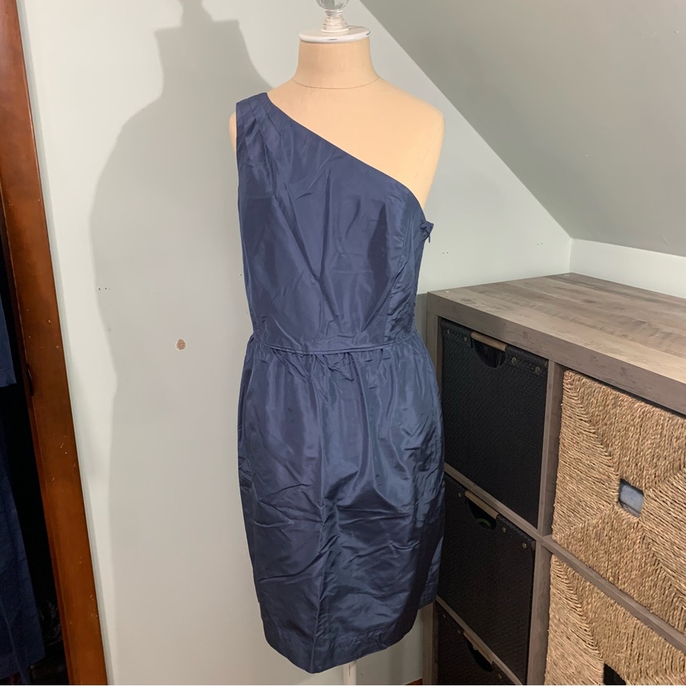 J.Crew Silk Taffeta One-Shoulder Asymmetrical Midi Dress Steel Blue Size 8 NWOT